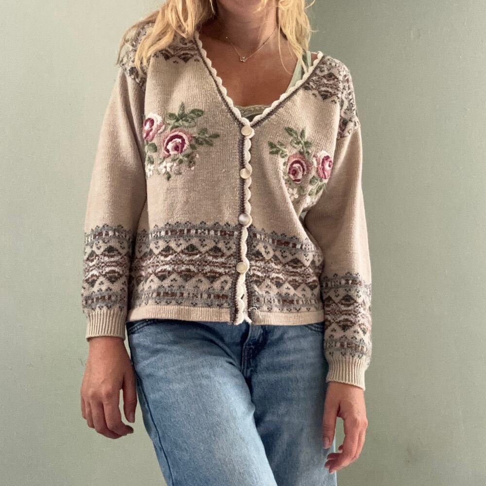 90s Vintage Dana Scott Floral Cardigan Sweater Tan Knit Grandma Core Small